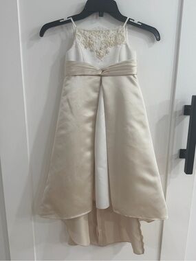 David's Bridal 2T Flower Girl Satin Dress High-Low Train - Ivory/Champagne